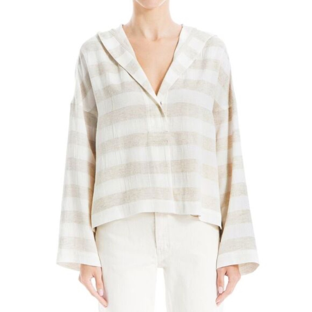 Max Studio Ecru Striped Linen-Blend Hooded Shirt Top Women's Sz XL NEW NWT